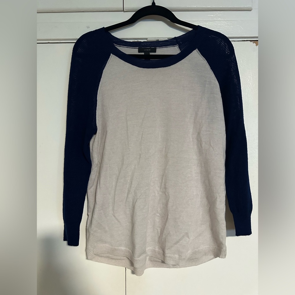 J.Crew 100% Merino Wool Raglan Sweater Top Navy & Cream Size S Cozy Preppy